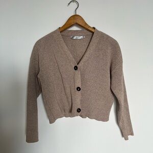 Cropped Taupe Ribbed V-Neck Cardigan Sweater